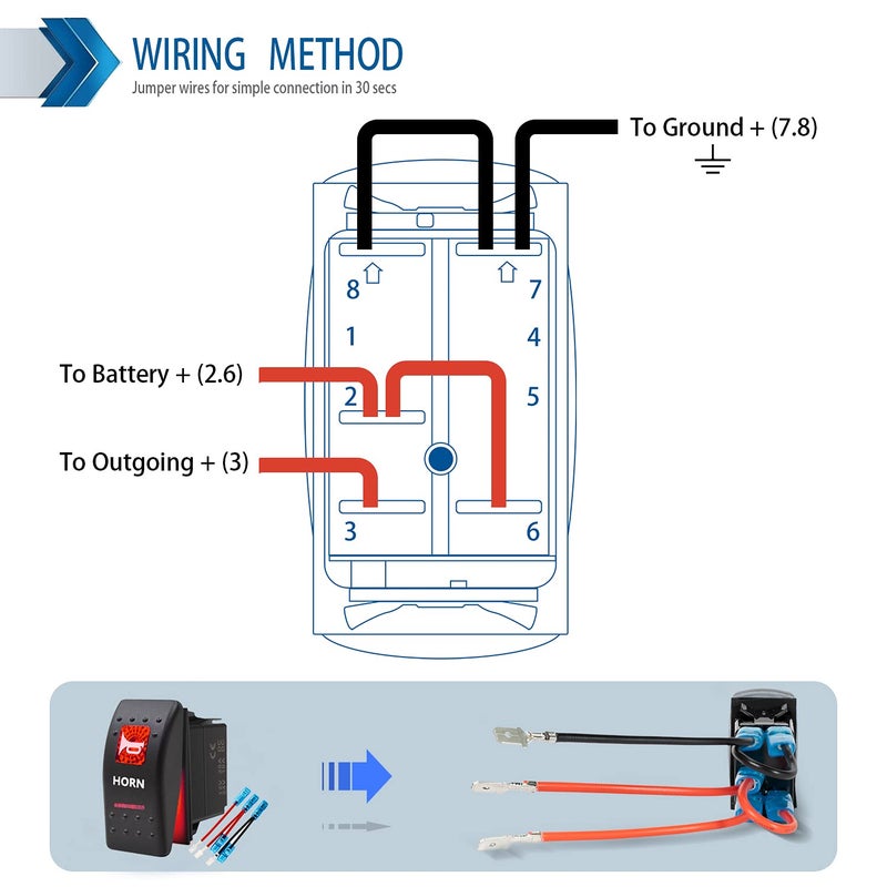 KEING Momentary Horn Button Waterproof Rocker Switch Toggle - ON/Off Red LED Light - 12V 20Amp 24V 10Amp, 5 Pin for Automotive Cars Vehicles Marine Boats Trucks Trailers 4x4 Caravans RVs SUV ATV UTV & More - Image 4